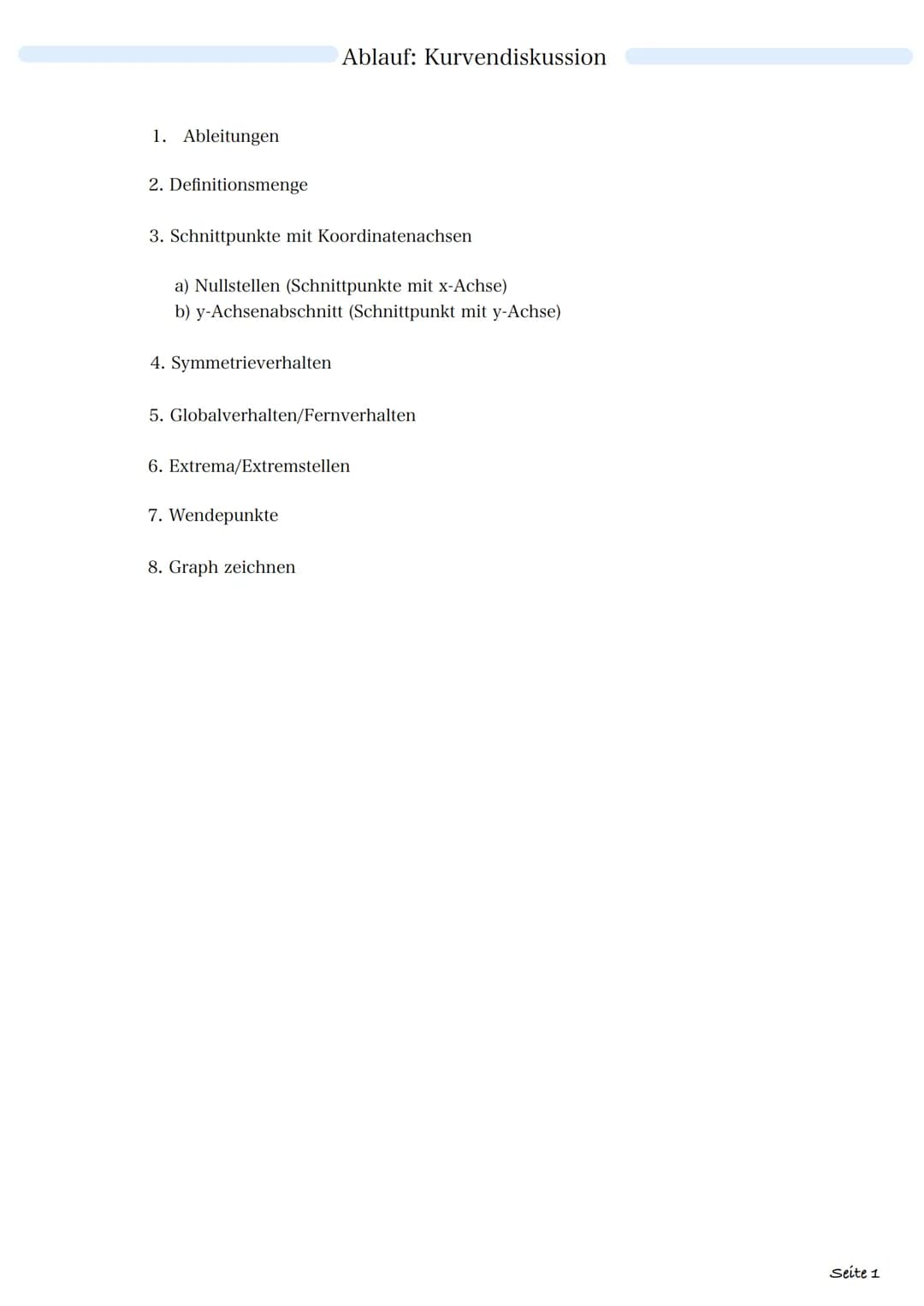 1. Ableitungen
2. Definitionsmenge
3. Schnittpunkte mit Koordinatenachsen
a) Nullstellen (Schnittpunkte mit x-Achse)
b) y-Achsenabschnitt (S