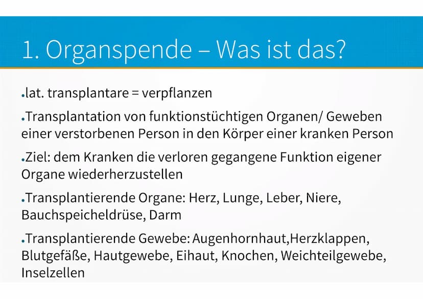 Die Organspende -
Sollte man als Christ Organspender se GFS Religion
Handout: Organspende -
Sollte man als Christ Organspender sein?
1. Orga
