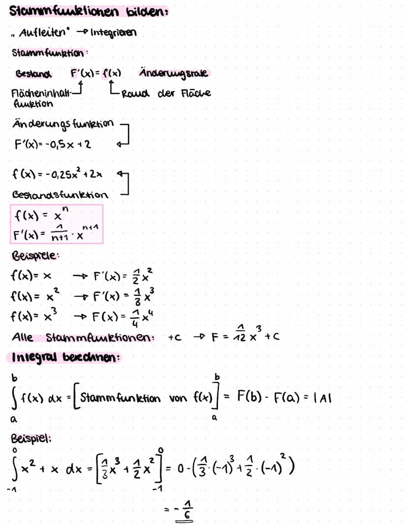Integralreclining:
Stamfunktion → F'(x) = f(x) Aufleiten"
To
Flächeninhaltfunktions
Bestand
f(x) = x^
1
F(x) = n +₁
n11
X
Mathe
Beispiel:
f(