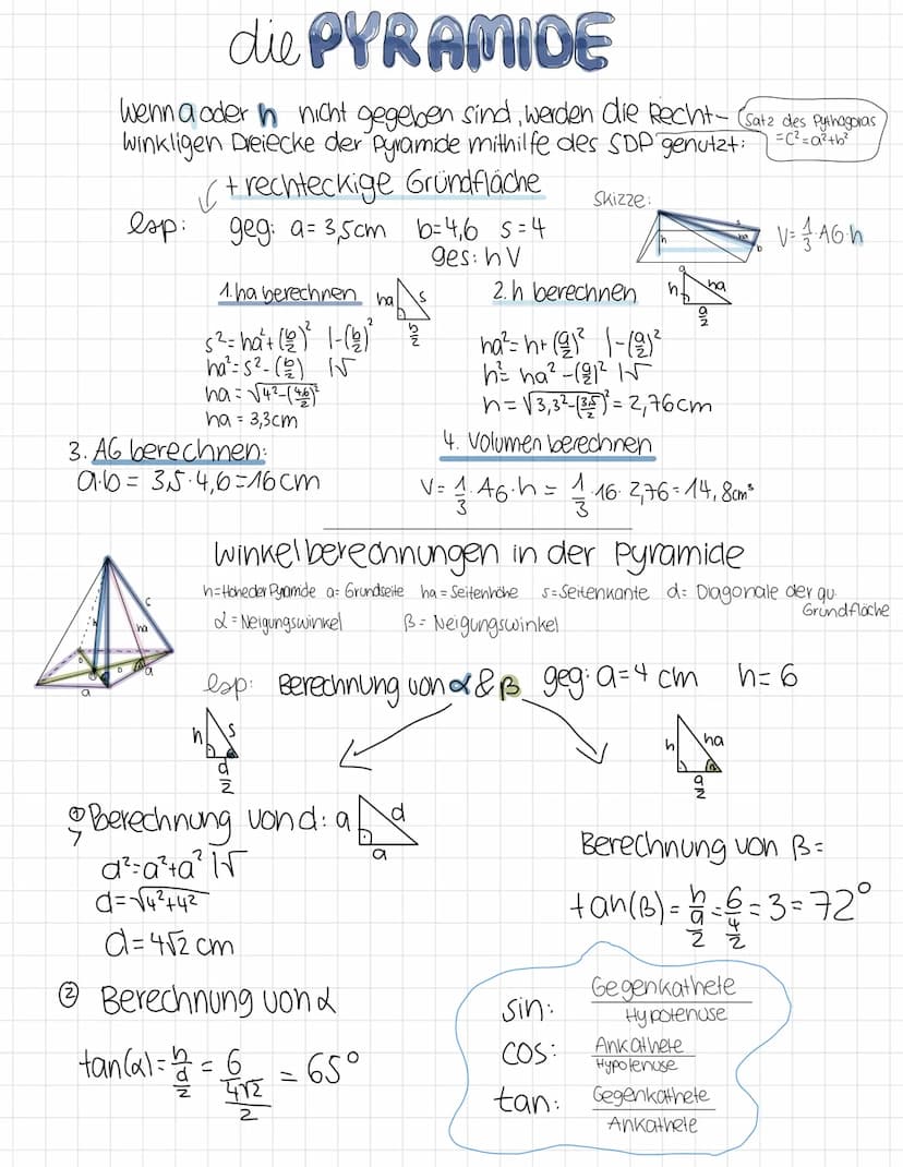 die PYRAMIDE
esp:
Squadratische Pyramide.
Ao= AG+AM
a²
geg: ha= 36cm
a=60cm
1. ha berechnen
ha S
29.ha
s²= ha² + (9² | (9) ²
ha? = s² - (a) 