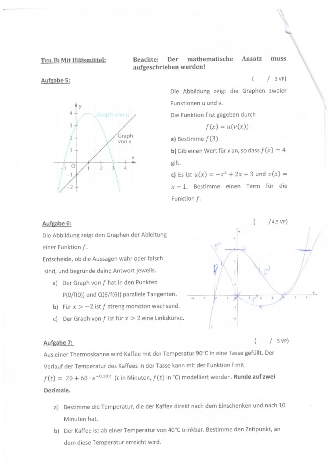 
<h2 id="aufgabe5">Aufgabe 5</h2>
<p>Die Abbildung zeigt die Graphen zweier Funktionen u und v. Die Funktion f ist gegeben durch f(x) = u(v(