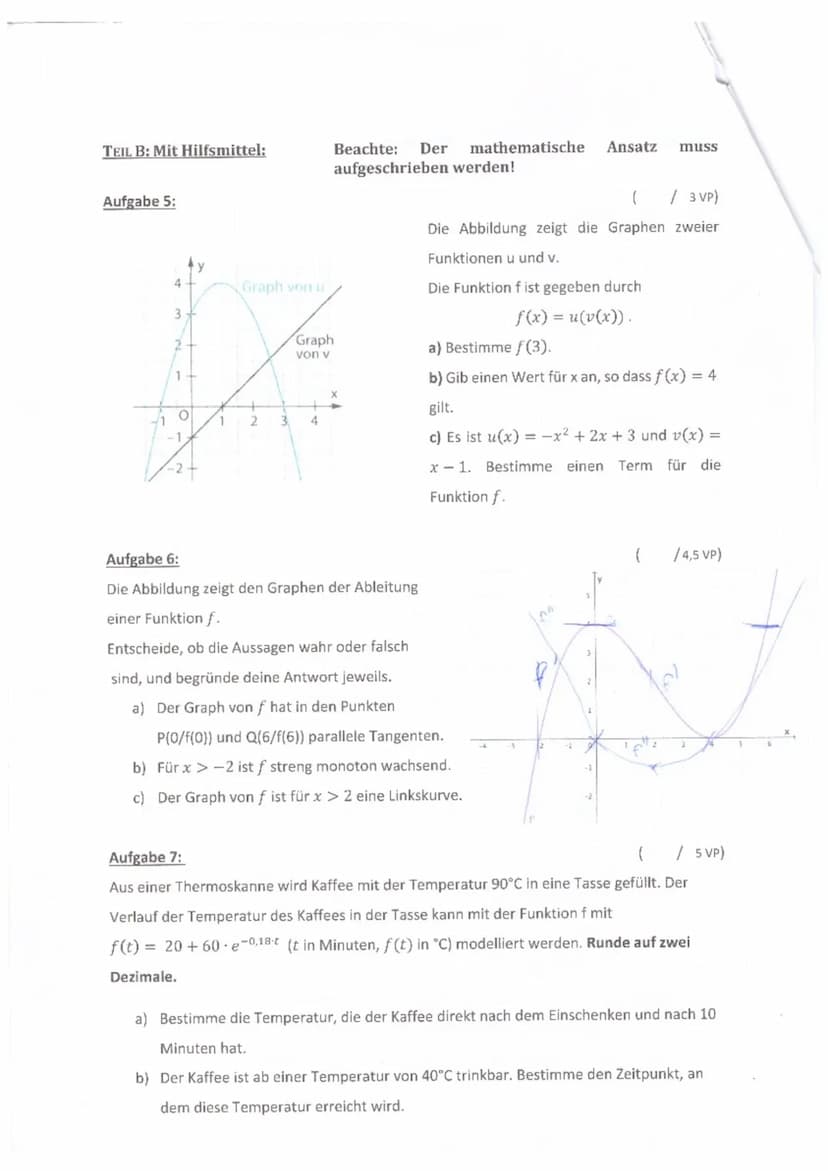 
<h2 id="aufgabe5">Aufgabe 5</h2>
<p>Die Abbildung zeigt die Graphen zweier Funktionen u und v. Die Funktion f ist gegeben durch f(x) = u(v(