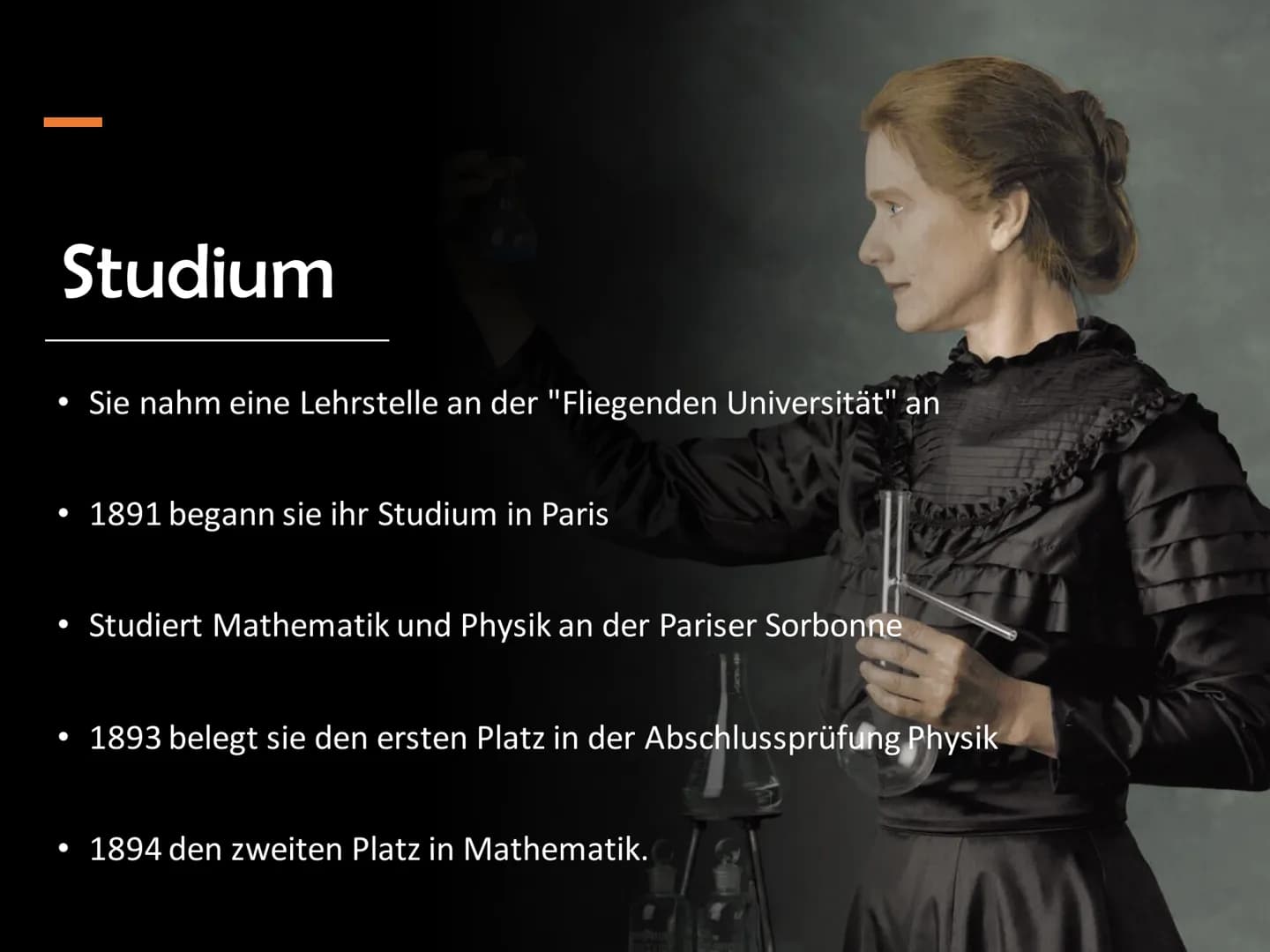 Marie Curie
Wala Qahtan Handout
Name: Marie Sklodowska Curie
Lebensdaten: 7. November 1867 in Warschau geboren
➤ starb am 4. Juli 1935
Natio