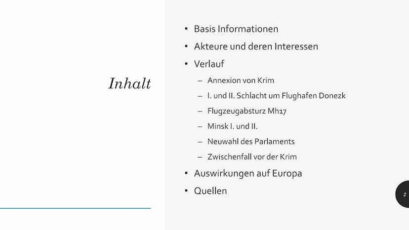 Ukraine Krieg Inhalt
• Basis Informationen
●
●
●
●
Akteure und deren Interessen
Verlauf
Annexion von Krim
I. und II. Schlacht um Flughafen D