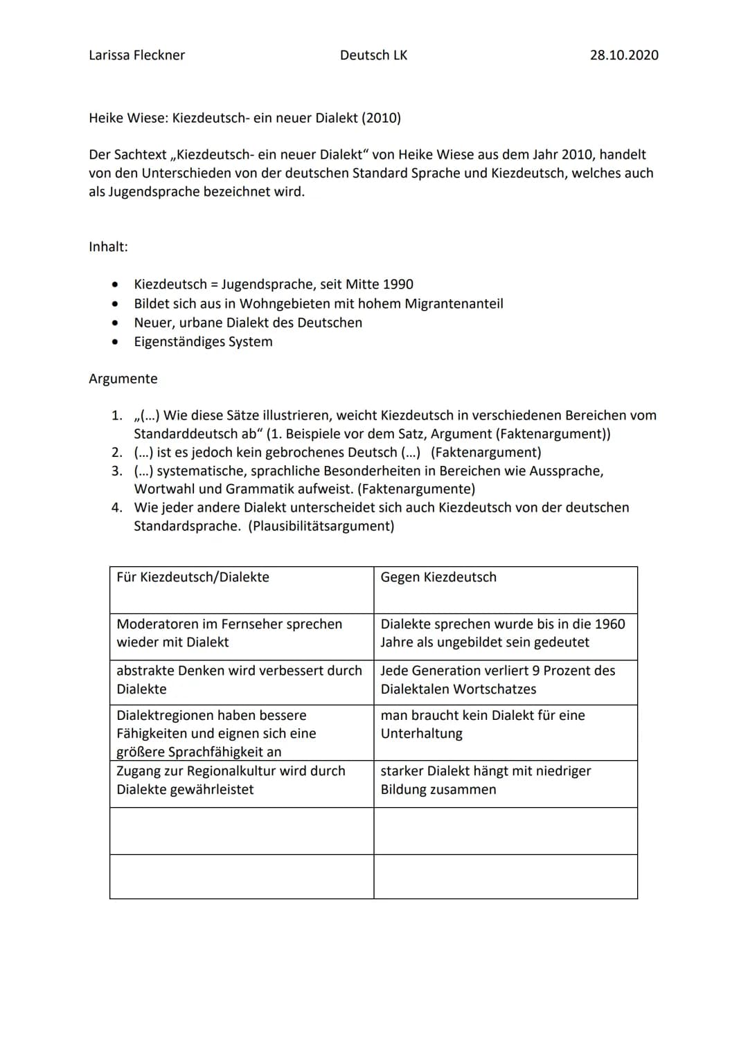 Larissa Fleckner
Inhalt:
Heike Wiese: Kiezdeutsch- ein neuer Dialekt (2010)
Der Sachtext,,Kiezdeutsch- ein neuer Dialekt" von Heike Wiese au