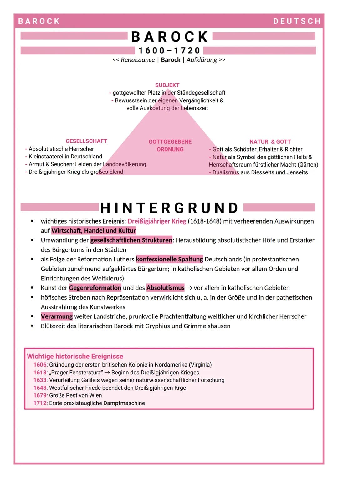 BAROCK
■
■
GESELLSCHAFT
- Absolutistische Herrscher
- Kleinstaaterei in Deutschland
- Armut & Seuchen: Leiden der Landbevölkerung
- Dreißigj