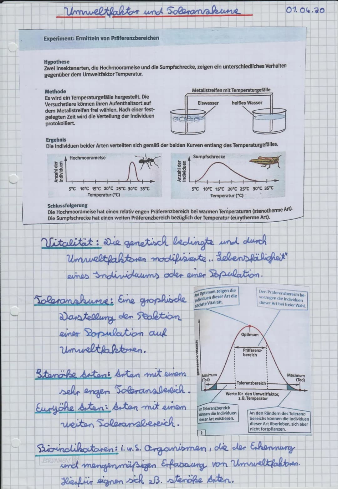 Umweltfaktor und Foleranskurve
Experiment: Ermitteln von Präferenzbereichen
Hypothese
Zwei Insektenarten, die Hochmoorameise und die Sumpfsc