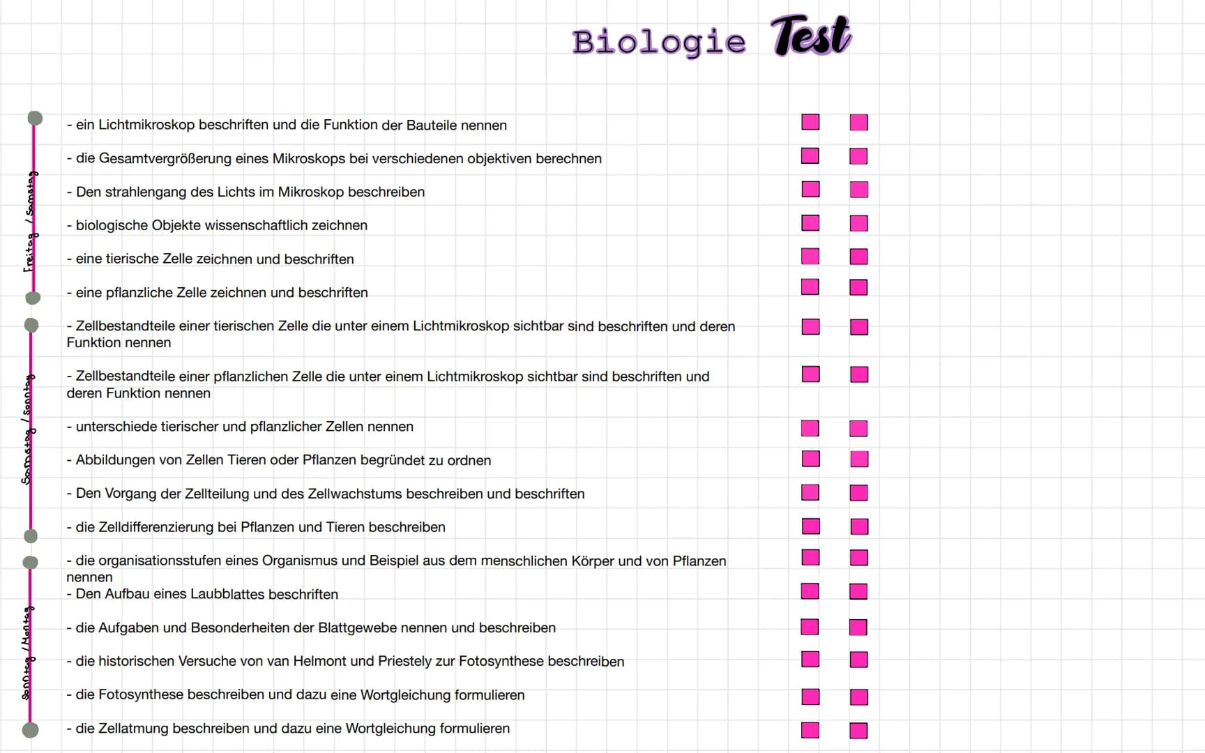 - Freitag / Samstag
Samstag / Sonntag
• Sonntag / Montag
Biologie Test
- ein Lichtmikroskop beschriften und die Funktion der Bauteile nennen