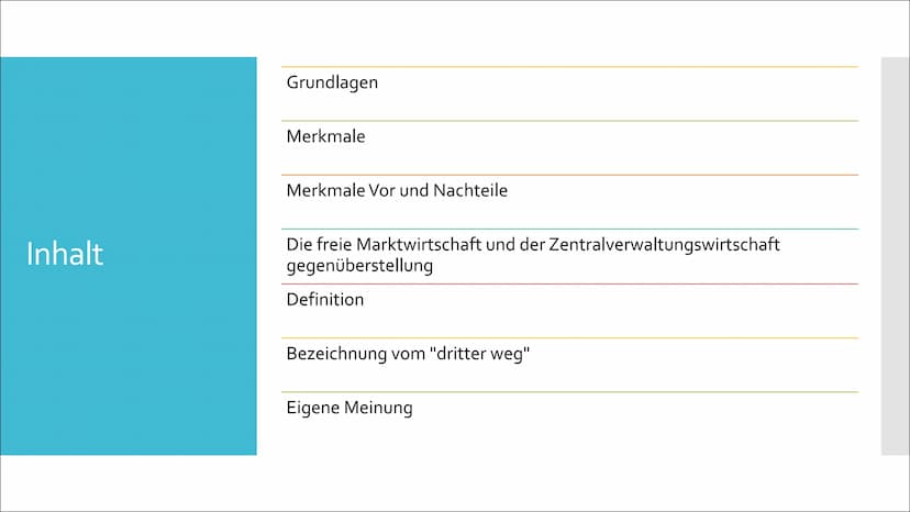 Die soziale
Marktwirtschaft als
"dritter Weg" Inhalt
Grundlagen
Merkmale
Merkmale Vor und Nachteile
Die freie Marktwirtschaft und der Zentra