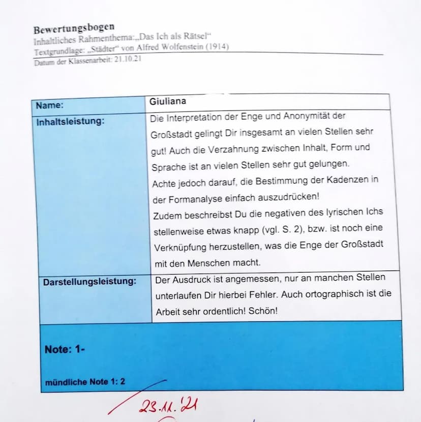 Deutsch, 10a
Klausur Nr.1
Gedichtinterpretation
25.10.2019
Aufgabenstellung: Analysiere das vorliegende Gedicht, indem Du
eine Einleitung un