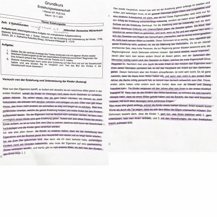 Grundkurs Erziehungswissenschaft
1.Klausur EF, PLE/ KUL
Datum: 19.11.2021
Erwartungshorizont
gabe 1:
.
Anforderungen
Die Schülerin/Der Schül