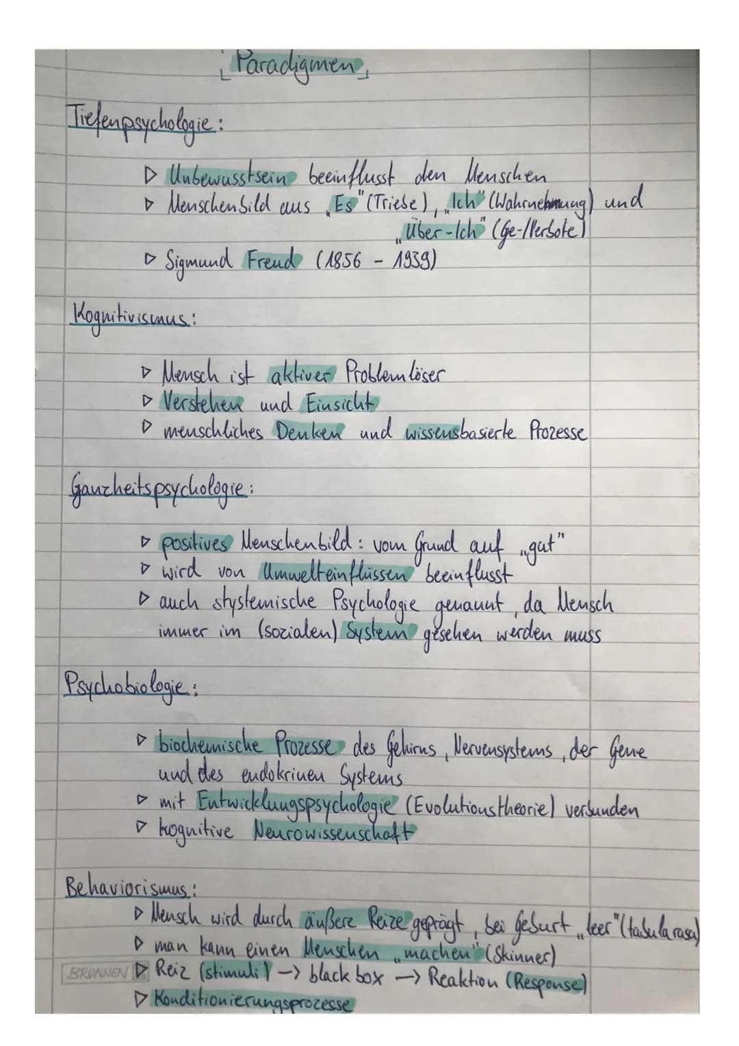 Tiefenpsychologie:
• Paradigmen
▷ Unbewusstsein beeinflusst den Menschen.
▸ Menschenbild aus "Es" (Triese), „Ich" (Wahrnehmung) und
„ Über-I