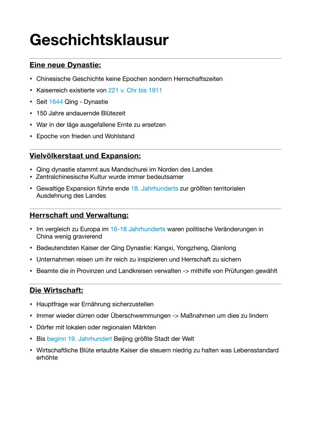 Geschichtsklausur
Eine neue Dynastie:
• Chinesische Geschichte keine Epochen sondern Herrschaftszeiten
• Kaiserreich existierte von 221 v. C