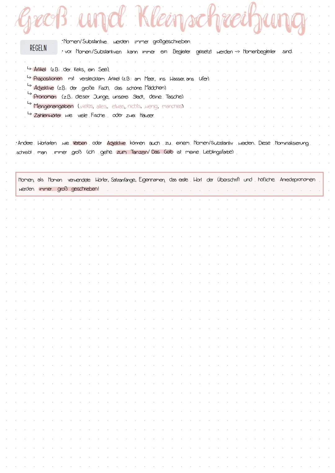 # Groß und Kleinschreibung

REGELN

جا *Nomen/Substantive werden immer großgeschrieben

•vor Nomen/Substantiven kann immer ein Begleiter ges
