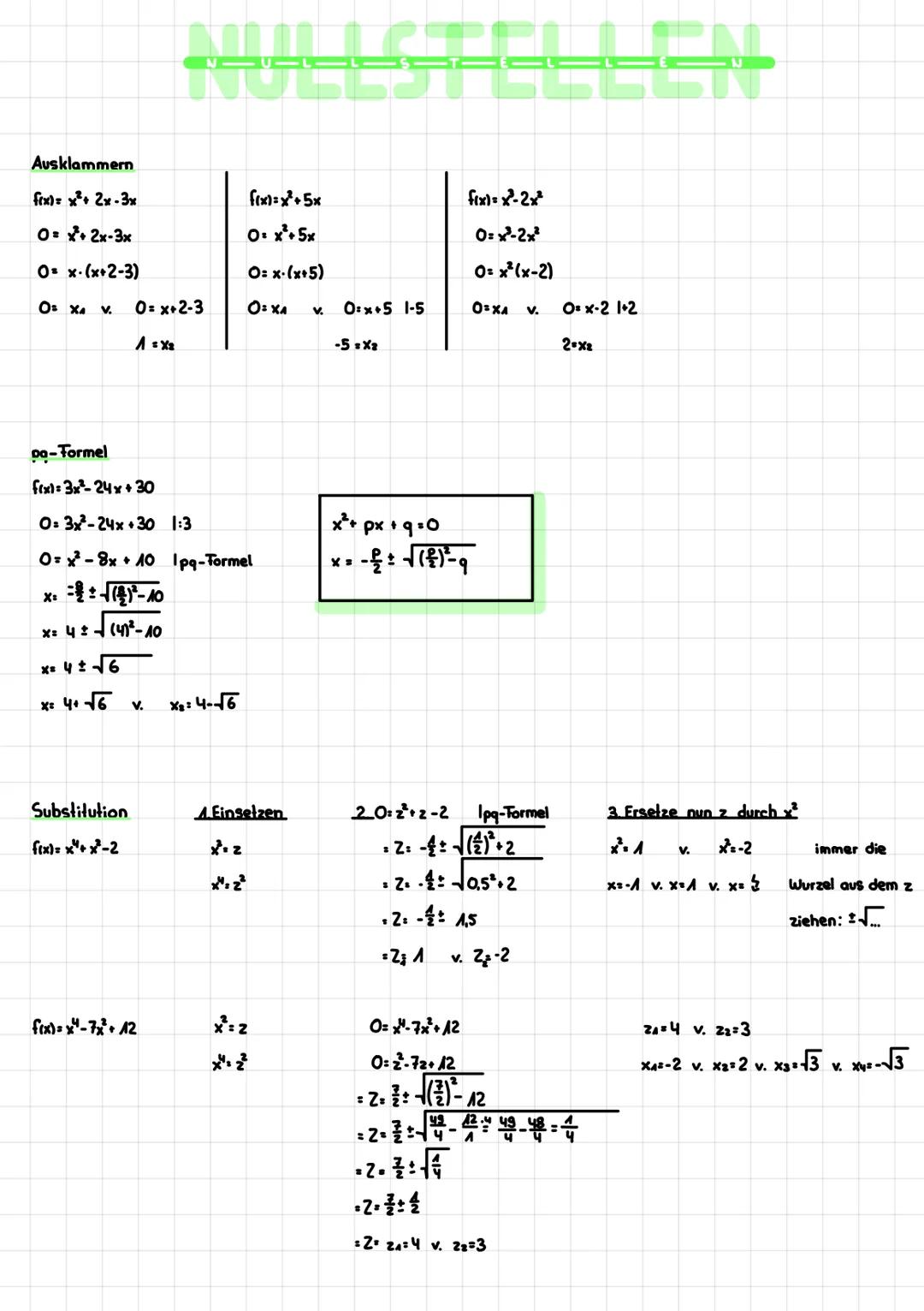 Ausklammern
f(x)= x²+2x-3x
0=²+2x-3x
0= x (x+2-3)
Os XA
V.
pa-Formel
fix)=3x²-24x + 30
O= 3x²-24x +30
O=x²-8x + 10
x² = ± √(³²-40
x= 4 ± √ (