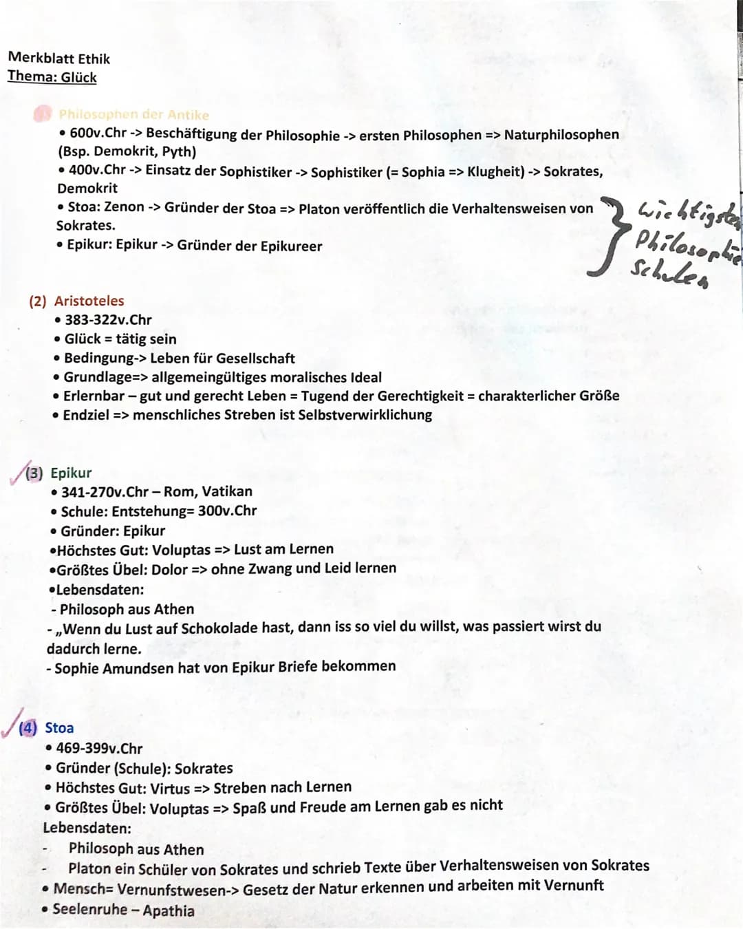 Merkblatt Ethik
Thema: Glück
Philosophen der Antike
• 600v.Chr-> Beschäftigung der Philosophie -> ersten Philosophen => Naturphilosophen
(Bs