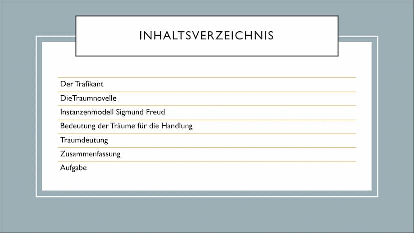 TRAUMDEUTUNG IN
TRAUMNOVELLE &
TRAFIKANT
Von Zelal und Amina Der Trafikant
Die Traumnovelle
INHALTSVERZEICHNIS
Instanzenmodell Sigmund Freud