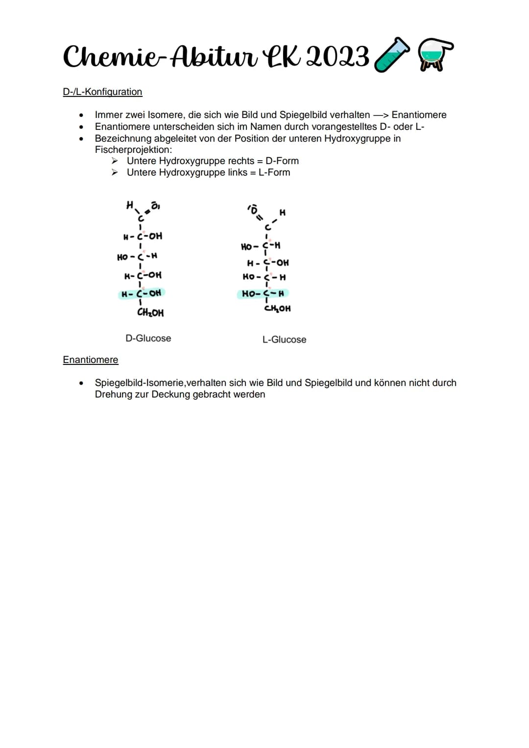 Chemie-Abitur CK 2023
Kohlenhydrate & Peptide
Monosaccharide:
Glucose
●
Monosaccharid
C6H12O10
Position Hydroxygruppen an Chiralitätszentren