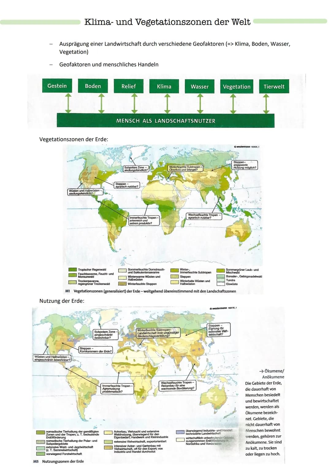 Klima- und Vegetationszonen der Welt
Ausprägung einer Landwirtschaft durch verschiedene Geofaktoren (=> Klima, Boden, Wasser,
Vegetation)
Ge