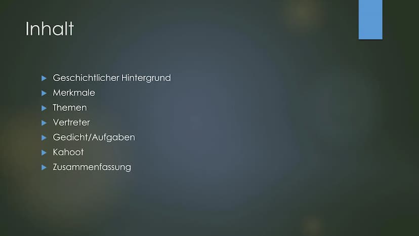 NEUE SACHLICHKEIT
Literatur von 1918-1933 Inhalt
‣ Geschichtlicher Hintergrund
▸ Merkmale
Themen
Vertreter
Gedicht/Aufgaben
Kahoot
▸ Zusamme