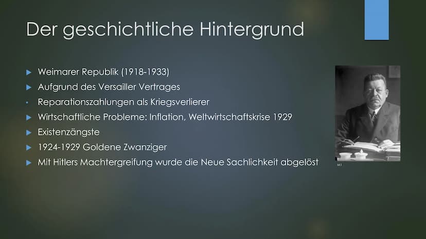 NEUE SACHLICHKEIT
Literatur von 1918-1933 Inhalt
‣ Geschichtlicher Hintergrund
▸ Merkmale
Themen
Vertreter
Gedicht/Aufgaben
Kahoot
▸ Zusamme