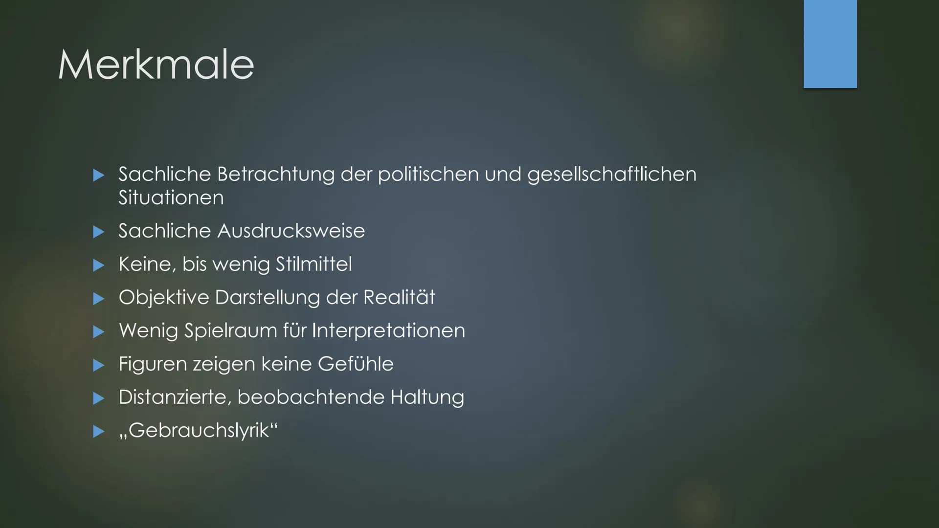 NEUE SACHLICHKEIT
Literatur von 1918-1933 Inhalt
‣ Geschichtlicher Hintergrund
▸ Merkmale
Themen
Vertreter
Gedicht/Aufgaben
Kahoot
▸ Zusamme
