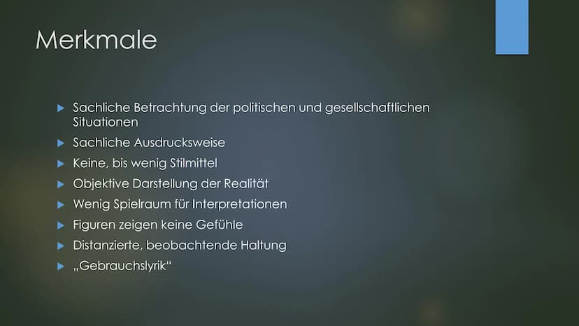 NEUE SACHLICHKEIT
Literatur von 1918-1933 Inhalt
‣ Geschichtlicher Hintergrund
▸ Merkmale
Themen
Vertreter
Gedicht/Aufgaben
Kahoot
▸ Zusamme