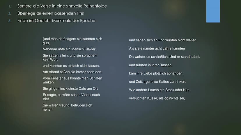 NEUE SACHLICHKEIT
Literatur von 1918-1933 Inhalt
‣ Geschichtlicher Hintergrund
▸ Merkmale
Themen
Vertreter
Gedicht/Aufgaben
Kahoot
▸ Zusamme