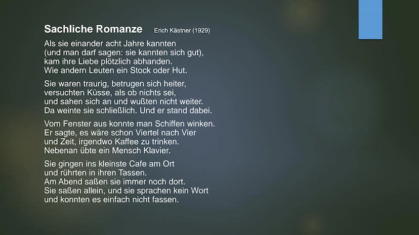 NEUE SACHLICHKEIT
Literatur von 1918-1933 Inhalt
‣ Geschichtlicher Hintergrund
▸ Merkmale
Themen
Vertreter
Gedicht/Aufgaben
Kahoot
▸ Zusamme
