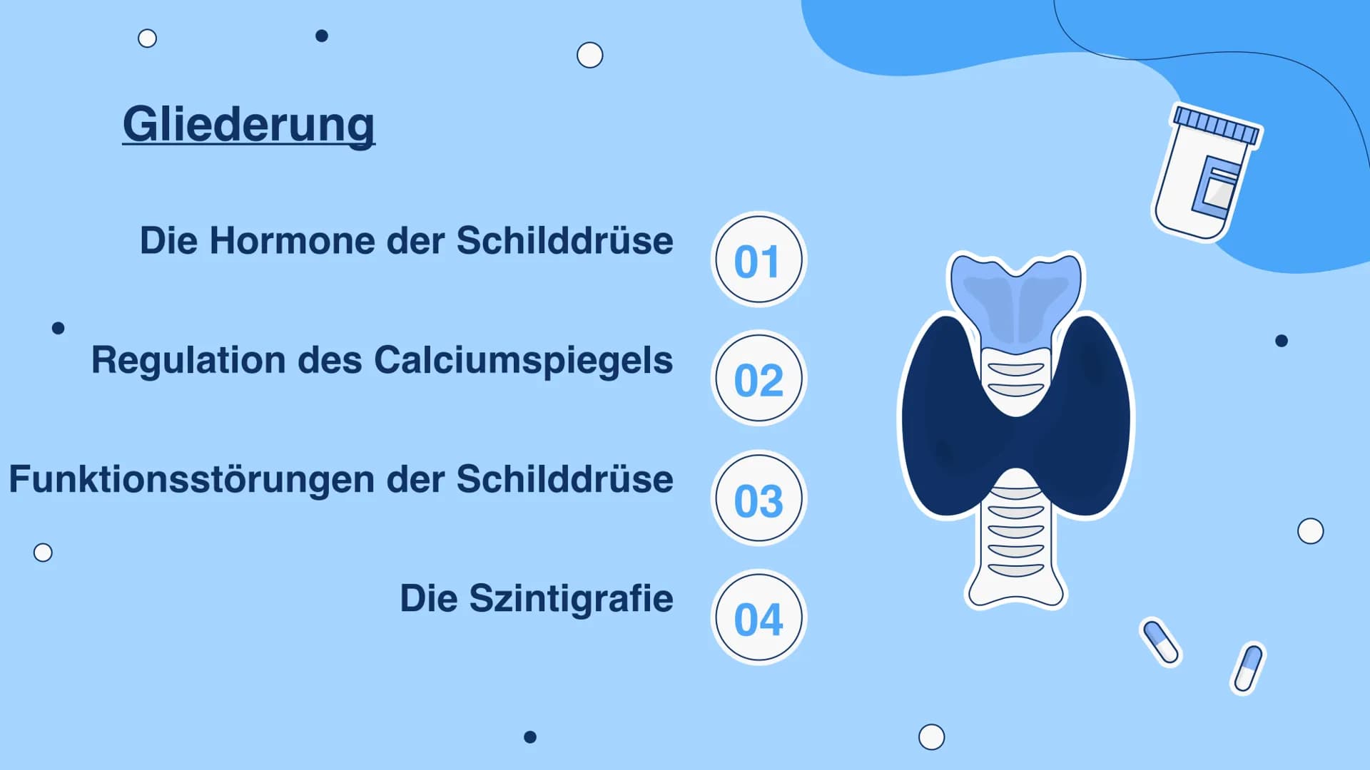 「tooooo
E
Die Schilddrüse
Hormonbiologie 0
Carla Ehret, Marleen Ehret, Nina Conrad Gliederung
Die Hormone der Schilddrüse
01
Regulation des 