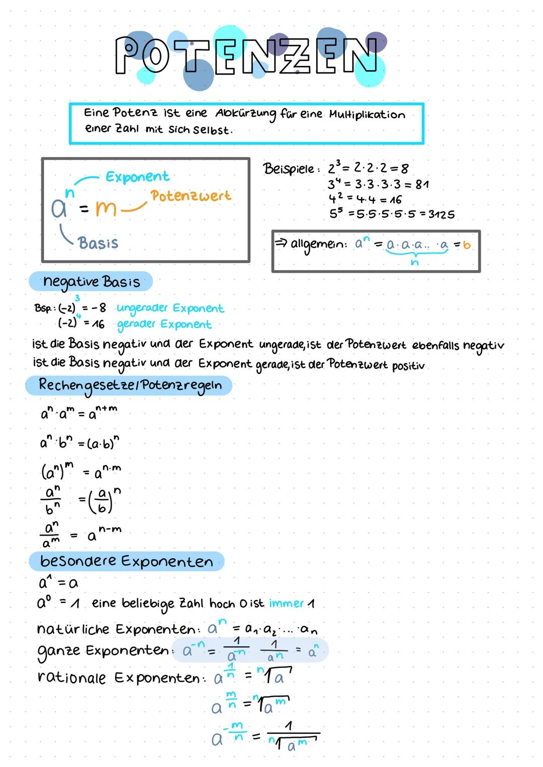 # potenzgesetze

mit a, b$\in$lR; a,b $\neq$0 und m,n$\in$Z oder mit a, b$\in$lR; a,b > 0 und m,n$\in$ Q

gleicher Exponent

/

Multiplikati