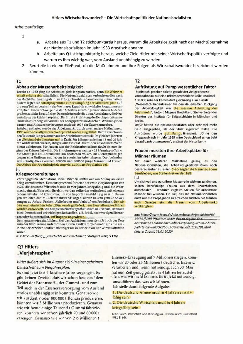 20.03.2020
Hitlers Wirtschaftswunder? - Die Wirtschaftspolitik der Nationalsozialisten
Aufgabe 1:
a) Warum stieg die Arbeitslosigkeit nach d