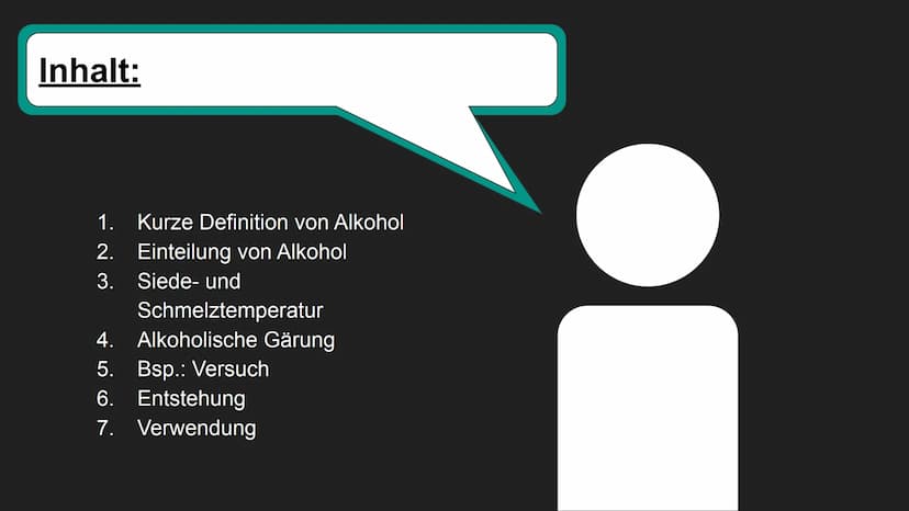 Alkohole Inhalt:
1. Kurze Definition von Alkohol
Einteilung von Alkohol
Siede- und
Schmelztemperatur
2.
3.
4. Alkoholische Gärung
5. Bsp.: V