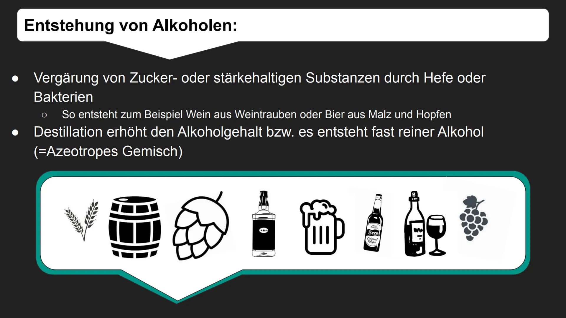 Alkohole Inhalt:
1. Kurze Definition von Alkohol
Einteilung von Alkohol
Siede- und
Schmelztemperatur
2.
3.
4. Alkoholische Gärung
5. Bsp.: V