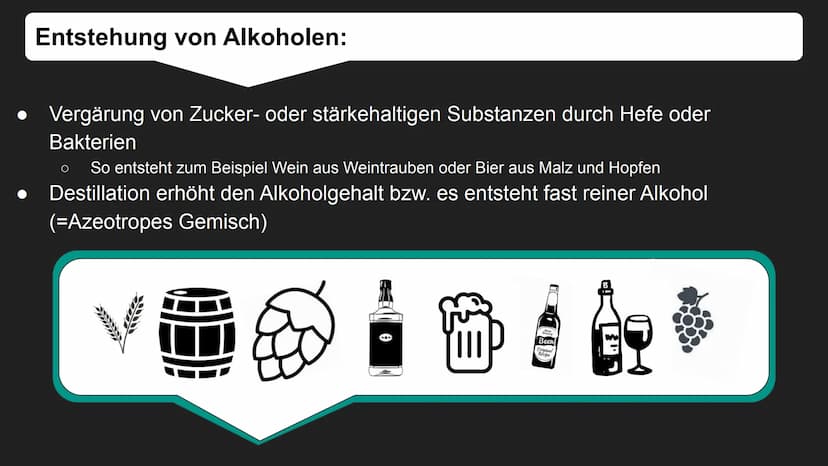 Alkohole Inhalt:
1. Kurze Definition von Alkohol
Einteilung von Alkohol
Siede- und
Schmelztemperatur
2.
3.
4. Alkoholische Gärung
5. Bsp.: V