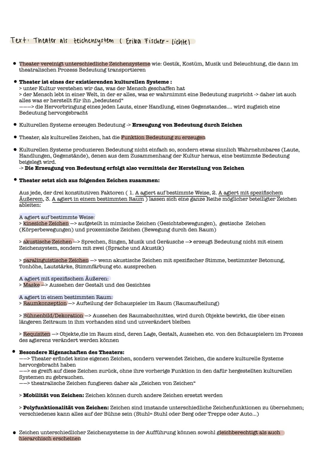 Text: Theater als Zeichensystem (Erika Fischer - lichte)
Theater vereinigt unterschiedliche Zeichensysteme wie: Gestik, Kostüm, Musik und Be