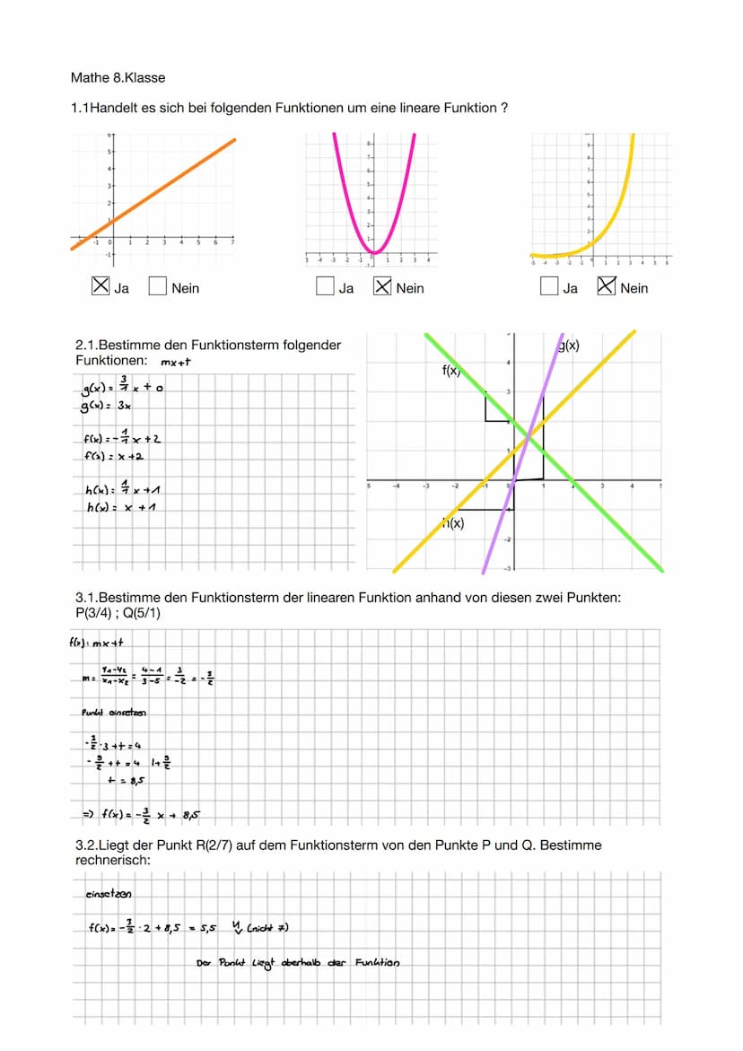 Mathe 8.Klasse
1.1 Handelt es sich bei folgenden Funktionen um eine lineare Funktion ?
L
1 2 3
-1
Ja
Nein
Ja
2.1.Bestimme den Funktionsterm 