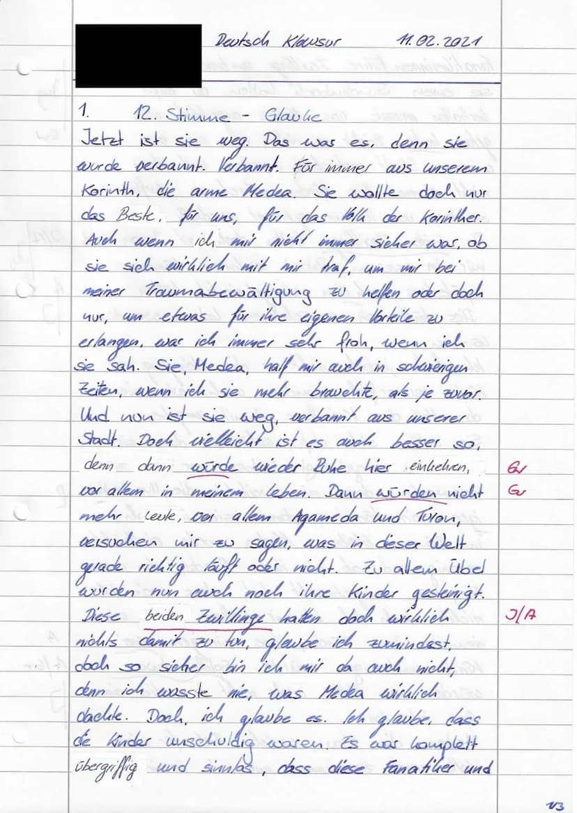 2. Klausur - Leistungskurs Deutsch - 11/1
Thema: C. Wolf: Medea.Stimmen - Gestaltendes Interpretieren
11.02.2021
Erlaubtes Hilfsmittel: Wört
