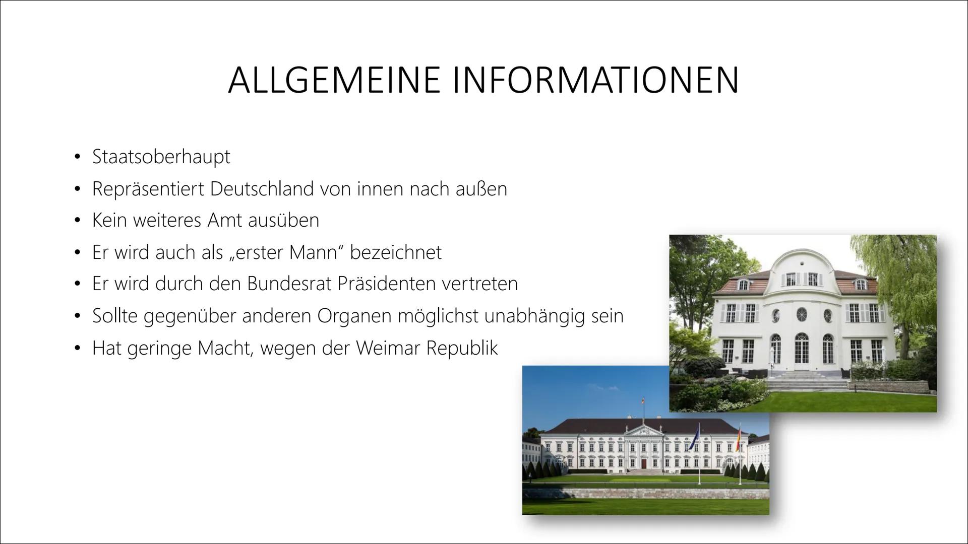 BUNDESPRÄSIDENTEN ●
●
●
●
INHALTSVERZEICHNIS
Vorgänger
• Wahl des Bundespräsidenten
●
Amtsenthebung/ Rücktritt
Allgemeininformationen
●
Aufg