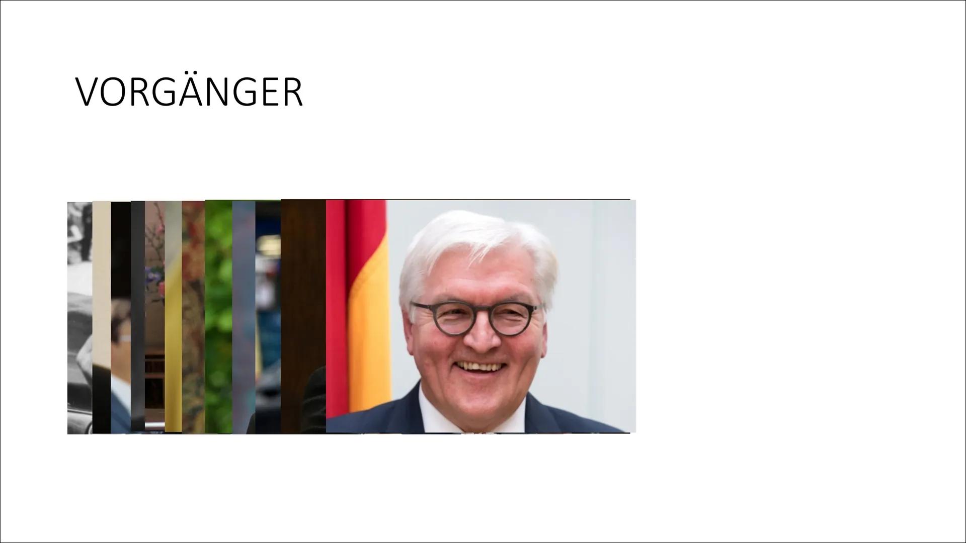BUNDESPRÄSIDENTEN ●
●
●
●
INHALTSVERZEICHNIS
Vorgänger
• Wahl des Bundespräsidenten
●
Amtsenthebung/ Rücktritt
Allgemeininformationen
●
Aufg