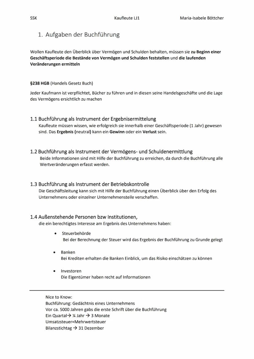 2022
SSK Klausur 1
Zusammenfassung
Böttcher, Maria-Isabele SSK
Inhalt
2. Inventur
1. Aufgaben der Buchführung.
1.1 Buchführung als Instrumen