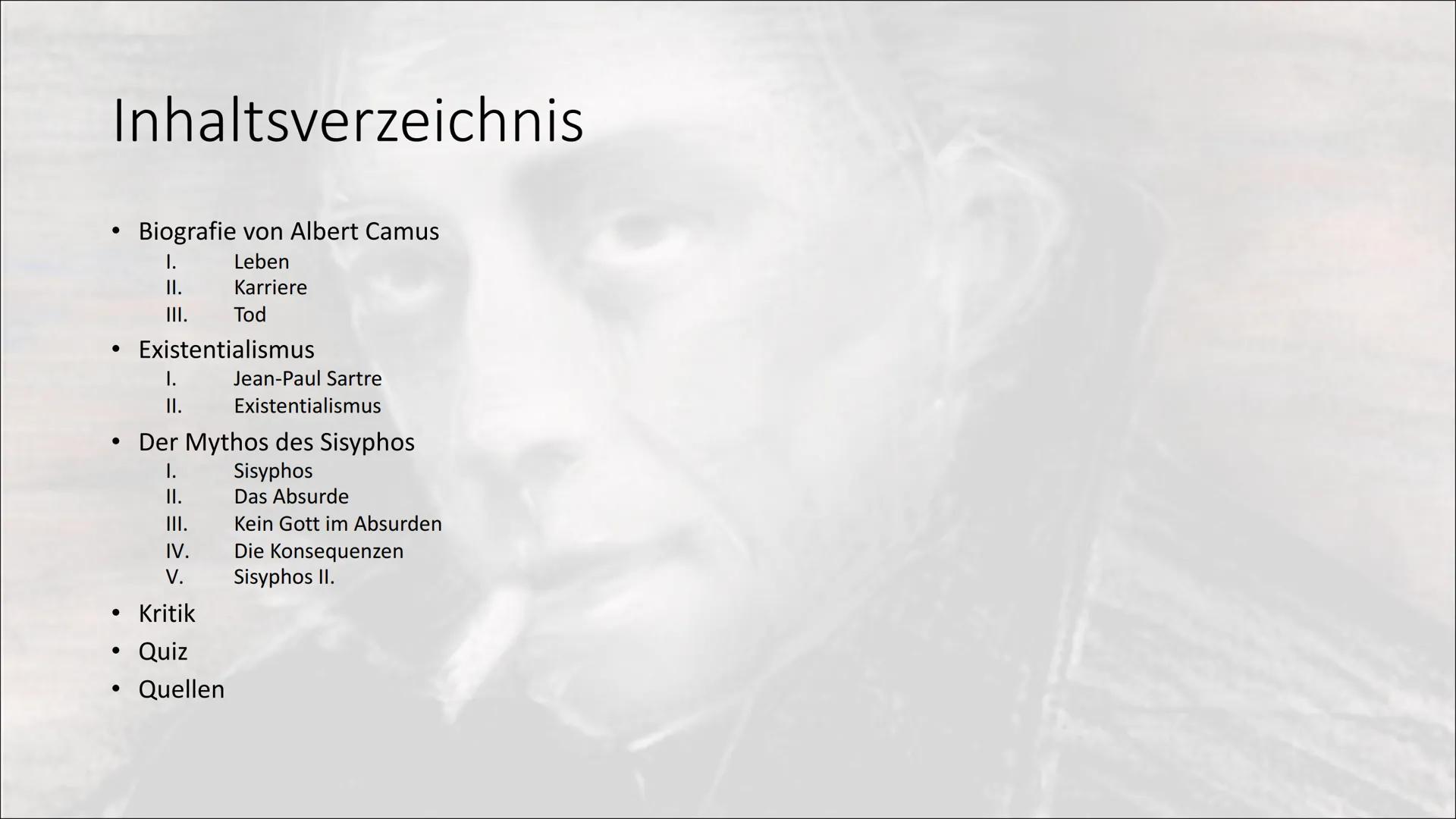 # Albert Camus

---

# Und die Ethik des Absurden

Finn und Marie # Inhaltsverzeichnis

*   Biografie von Albert Camus
    I. Leben
    II. 