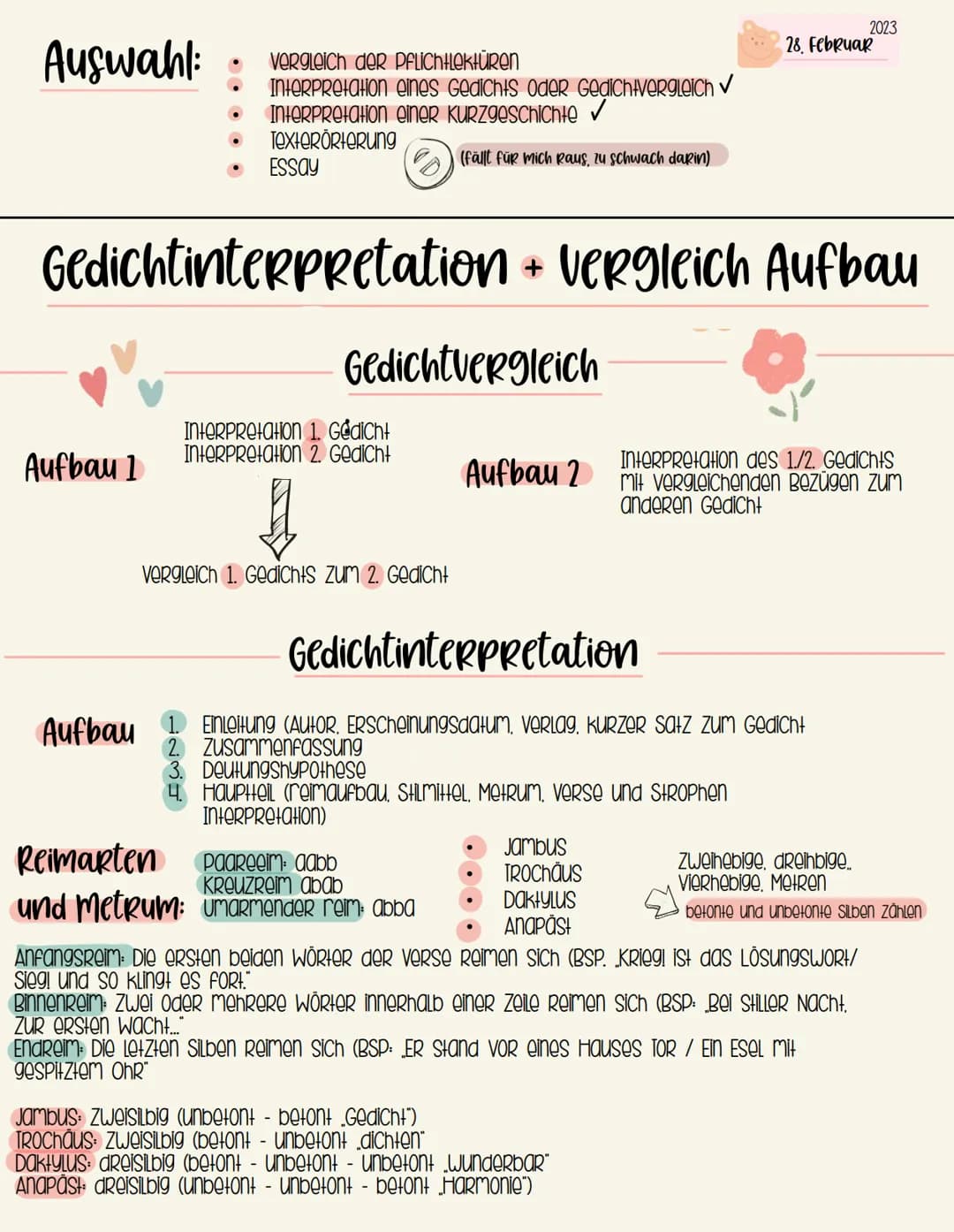 Auswahl:
Aufbau 1
Vergleich der Pflichtlektüren
Interpretation eines Gedichts oder Gedichtvergleich ✓
Interpretation einer Kurzgeschichte ✓
