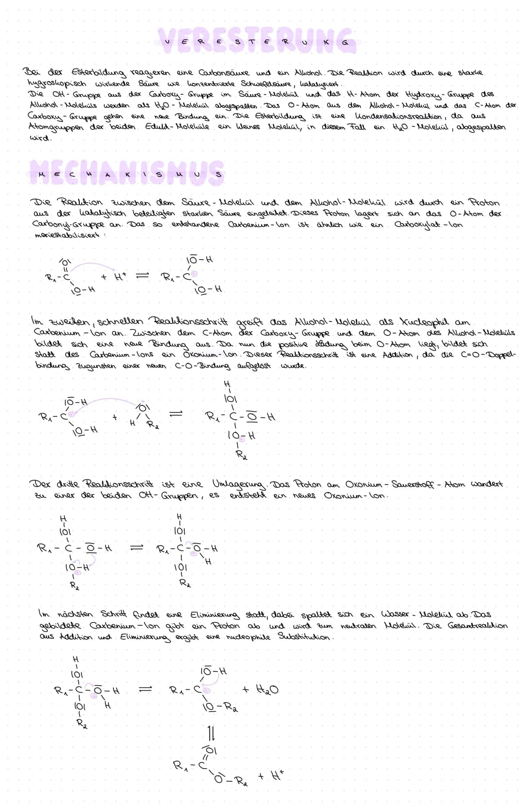 VERESTERUNG
Bei der Esterbildung reagieren eine Carbonsäure und ein Alkohol. Die Reaktion wird durch eine starke.
hygroskopisch wirkende Sau