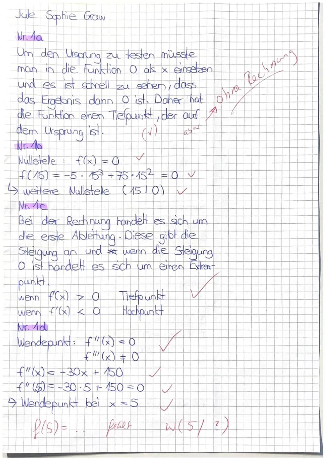 Jule Sophie Gra
Nr. 1a
Um den Ursprung zu testen müsste
man in die Funktion 0 als x einsetzen.
und es ist schnell zu sehen, dass
das Ergebni
