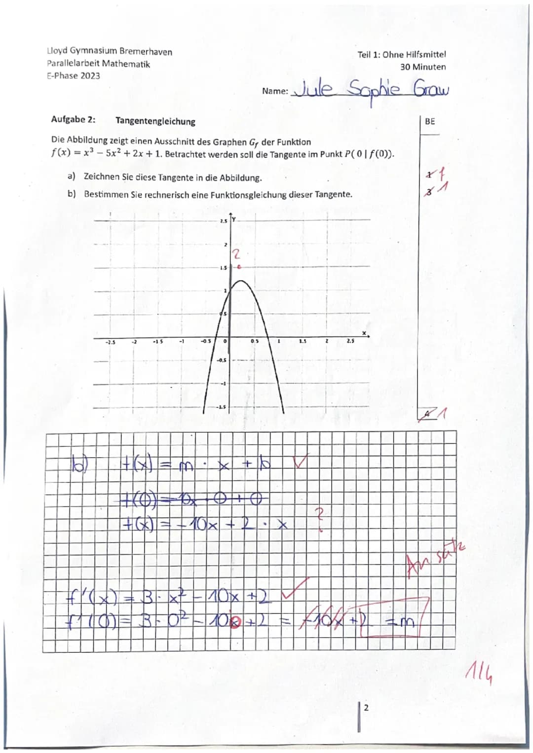 Jule Sophie Gra
Nr. 1a
Um den Ursprung zu testen müsste
man in die Funktion 0 als x einsetzen.
und es ist schnell zu sehen, dass
das Ergebni