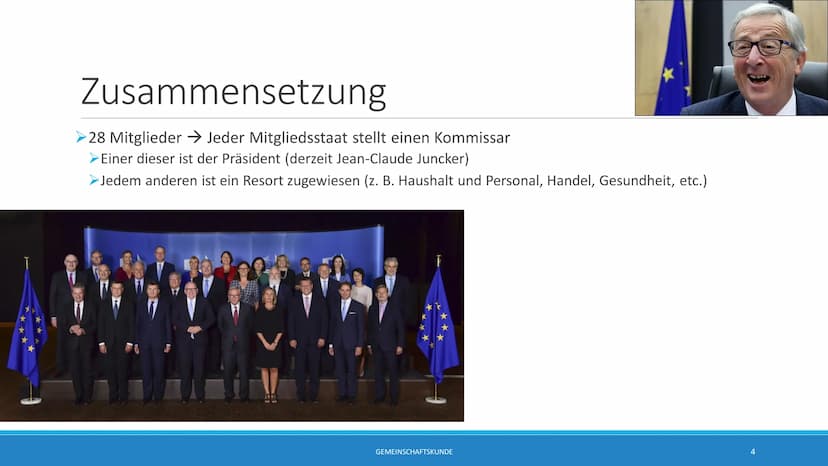 Europäische
Kommission
Europäische
Kommission
GESCHICHTE/SITZ/ZUSAMMENSETZUNG/ERNENNUNG/FUNKTION
GEMEINSCHAFTSKUNDE
1 Geschichte
➤Ursprung d