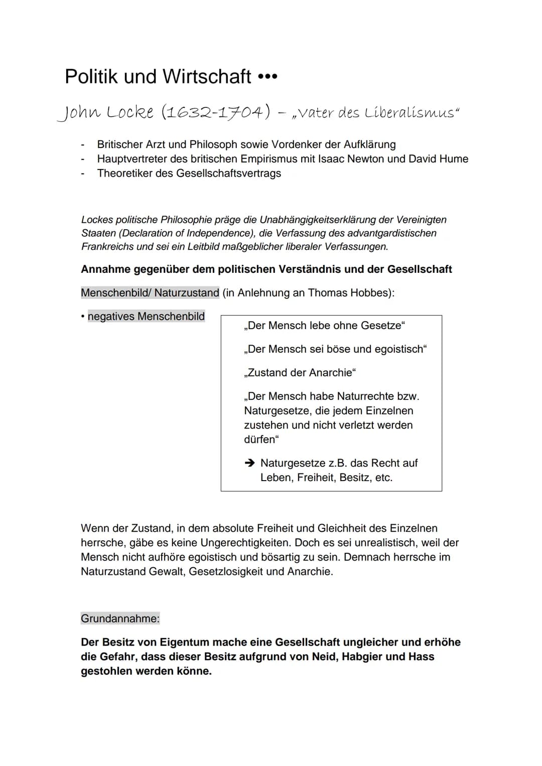 Politik und Wirtschaft
John Locke (1632-1704) – „vater des Liberalismus"
Britischer Arzt und Philosoph sowie Vordenker der Aufklärung
Hauptv