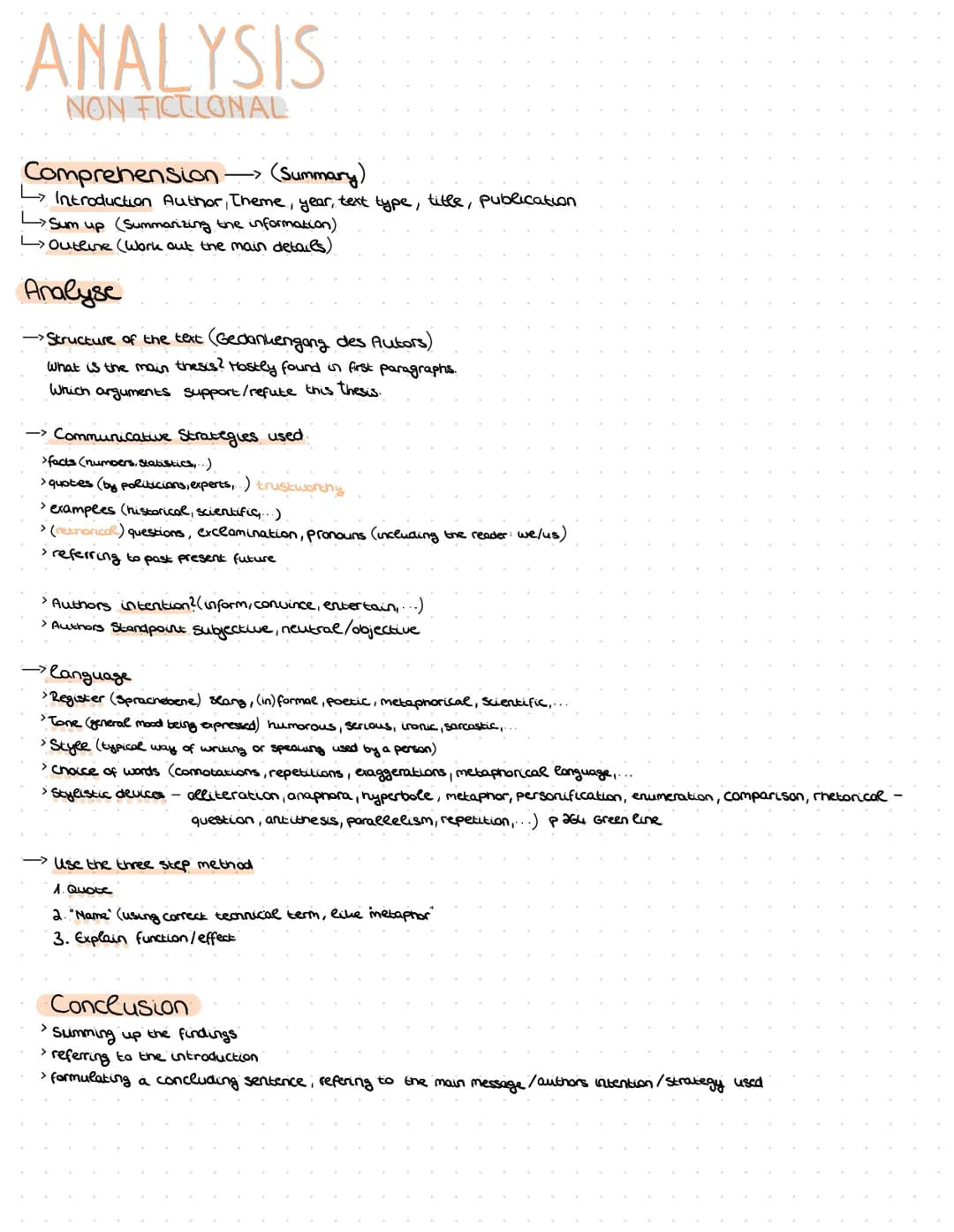 ANALYSIS
NON FICELONAL
Comprehension —> (Summary)
Introduction Author, Theme, year, text type, title, publication
Sum up (Summarizing the in