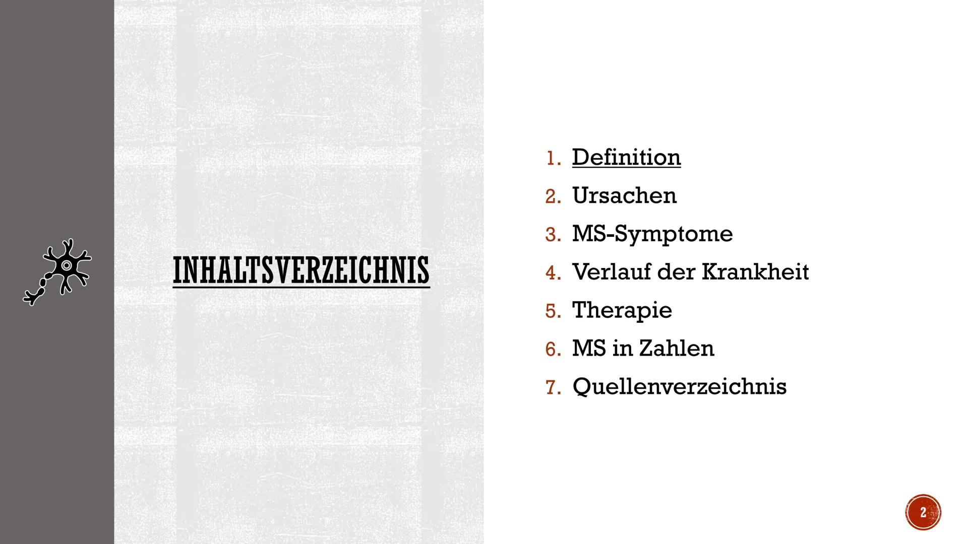 MULTIPLE SKLEROSE
Erstellt von Süleyman Kücükbiyik
Kateryna Kon/stock.adobe.com INHALTSVERZEICHNIS
1. Definition
2. Ursachen
3. MS-Symptome
